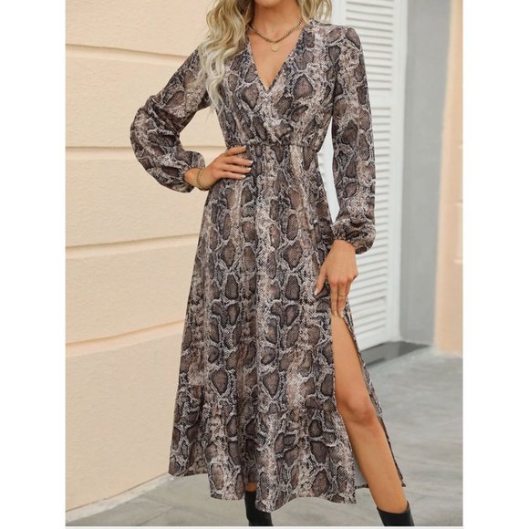 Snakeskin Print Split Thigh Ruffle Hem Dress - Picture 1 of 7